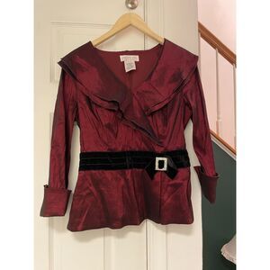 Jackie Jon Burgundy Shimmer Ruffle Peplum Blouse vintage Velvet Belt  Size 8